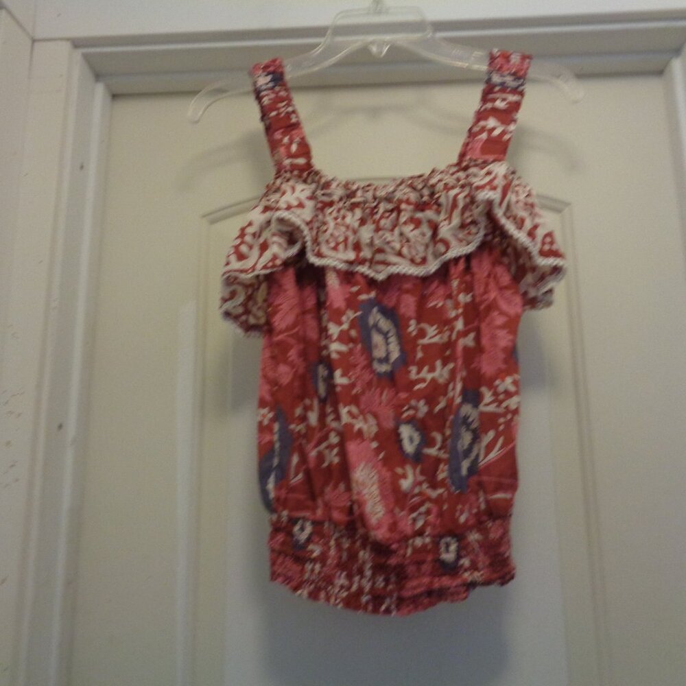 WHITE LOTUS STYLED COTTON BOHO BURGANDY & FLOWERS SHEERED RUFFLES CAMI TOP M.